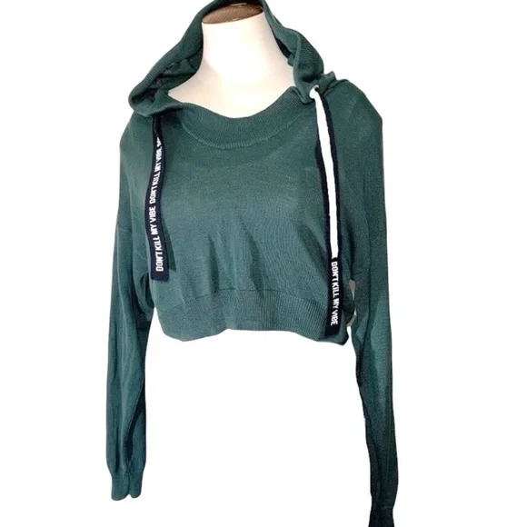 Green Cropped Knit Hoodie Sweater S Long Sleeve Streetwear Chunky Drawcord Shirt - Picture 2 of 8